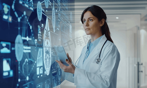磁共振摄影照片_医疗保健 医疗未来技术女医生与虚拟接口