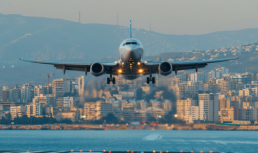 黎巴嫩国徽摄影照片_飞机接近位于海岸的黎巴嫩贝鲁特机场