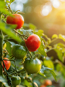 菜园里长着绿色和红色的西红柿菜园里的新收获