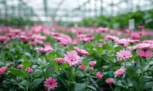 温室里一排排年轻的紫苑花种植园里有很多室内植物