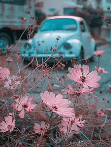 汽车美容摄影照片_地上的粉红色花和汽车