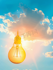 太阳和天空背景技术概念上的飞行灯泡