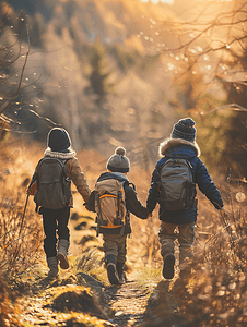 背影行走摄影照片_三个孩子在木山上行走的背影家庭旅行和与孩子一起徒步旅行