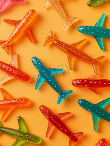 橙色背景开放图案上的果冻糖果彩色果酱飞机