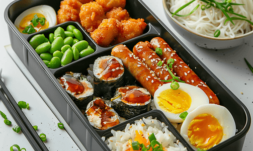 日式风格边框摄影照片_日式便当盒内含蛋块、毛豆和照烧香肠