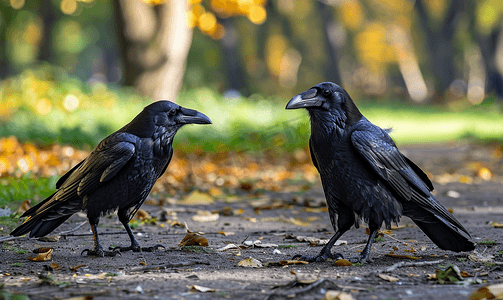 黑色座摄影照片_地面上的乌鸦和渡鸦鸟类和野生动物飞翔和站立的鸟类