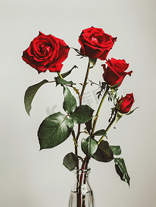 花瓶里枯萎的红玫瑰花束的侧视图
