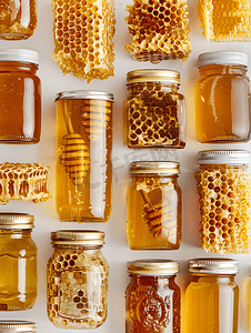 商品云集摄影照片_玻璃罐中的蜂蜜品种蜂巢