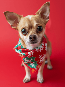 吉娃娃肖像一只戴着圣诞头巾的迷你吉娃娃狗背景为红色