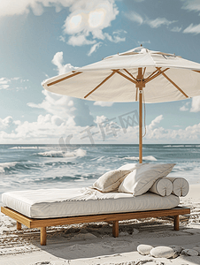 沙滩伞下的帆布沙发床