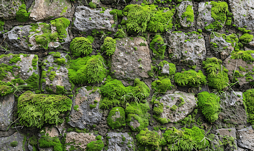 绿色几何背景摄影照片_石墙上的绿色青苔