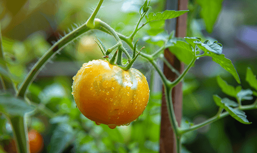 西红柿番茄摄影照片_家庭花园木桩上成熟的西红柿