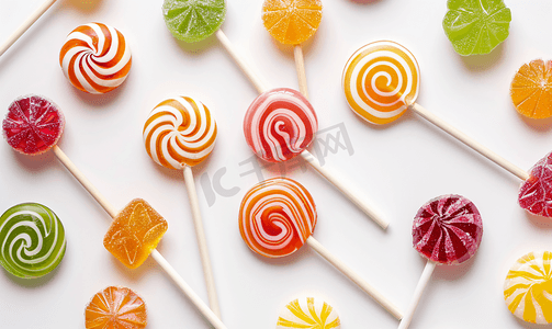 彩色糖果背景摄影照片_白色背景下的各种果冻糖果焦糖棒棒糖