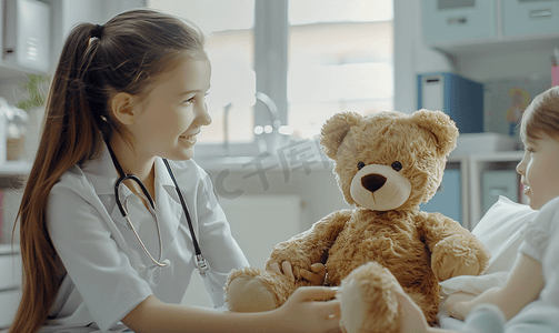 儿科医生女孩美丽的女儿科医生检查孩子与泰迪熊办公室