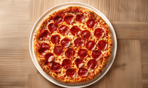 烤腊肠摄影照片_木桌上白盘中的简单和基本正常孤立全圆披萨