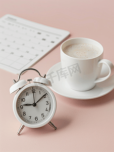 时钟日历摄影照片_粉红色桌面背景上的白色闹钟和日历