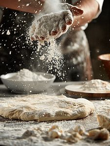 厨师帽简笔画摄影照片_厨师在新鲜的披萨面团上撒面粉