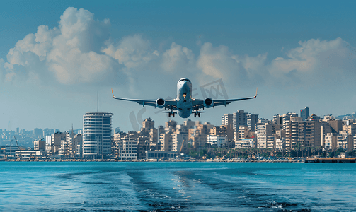 飞机接近位于海岸的黎巴嫩贝鲁特机场