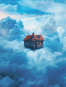 一栋美丽的房子坠落在蓝色的云朵中