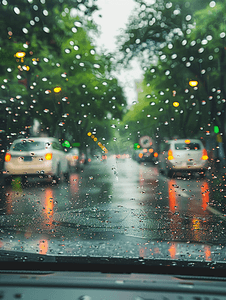 挡风玻璃上雨滴的模糊图像