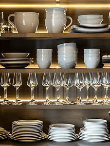 厨房套摄影照片_厨房橱柜架子上的一套盘子、杯子、刀叉和酒杯