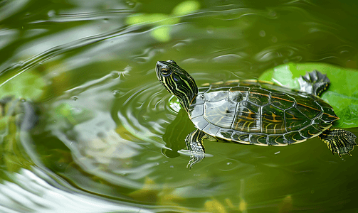 卡通游泳摄影照片_蛇颈龟在绿色浑浊的水中游泳