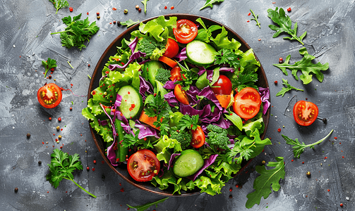 绿色蔬菜沙拉配番茄紫甘蓝胡萝卜黄瓜和生菜顶视图