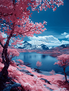 深蓝色天空的北欧风景美丽的粉红色红外照片