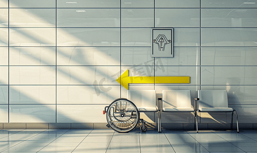 可视化登录摄影照片_候诊室瓷砖上粘着黄色箭头上的轮椅图