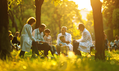 快乐健康的家庭和医生在公园交谈
