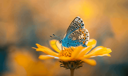 大自然中一只蓝色蝴蝶坐在黄花上的特写