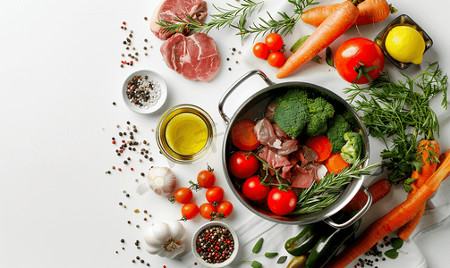 金属汤锅配汤料、蔬菜和肉类