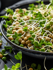 由豌豆微绿豆芽和发芽豆制成的素食健康沙拉的特写