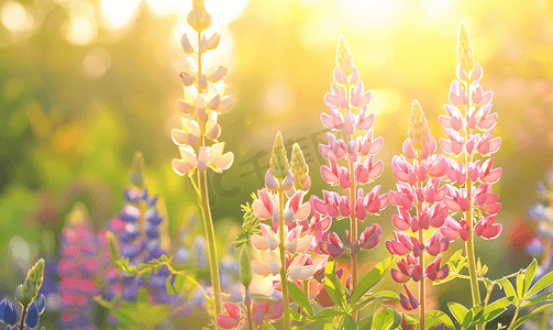 夏天杂草丛生的花园里阳光明媚的羽扇豆花