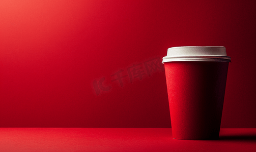 红色背景中的红杯外卖咖啡