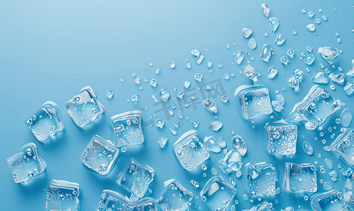 抽象蓝色背景摄影照片_蓝色背景顶视图上散布着水滴的冰块