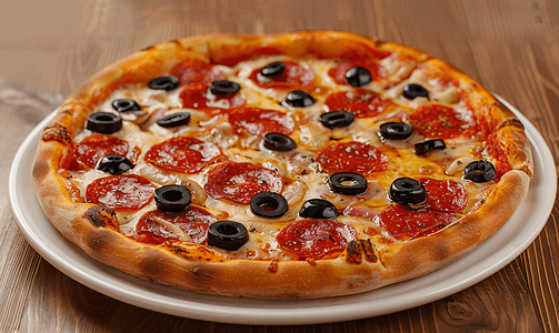 木桌上白盘中的简单和基本正常孤立全圆披萨