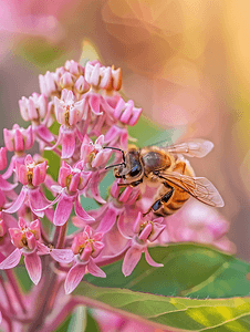 蜜蜂为粉红色普通乳草花授粉