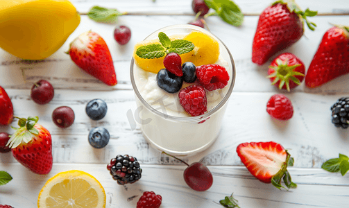 玻璃上的天然白酸奶白色木桌上有新鲜水果