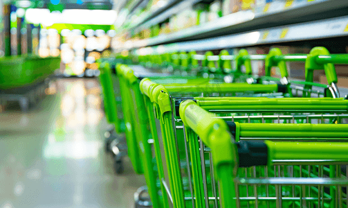 欧洲行摄影照片_超市里排成一排的绿色购物车