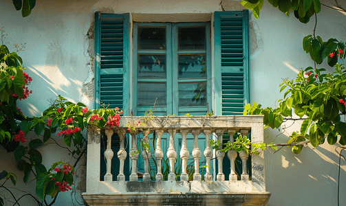 创意设计城市摄影照片_建筑物的窗户房子墙上的白色窗户绿色阳台