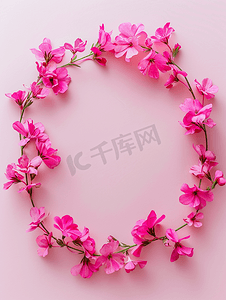 用粉色紫罗兰花在柔和的背景上制成的圆圈
