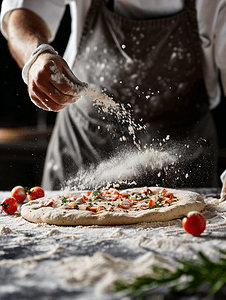 厨师帽简笔画摄影照片_厨师在新鲜的披萨面团上撒面粉
