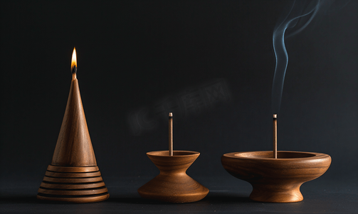黑色背景中的木制香炉和烛台