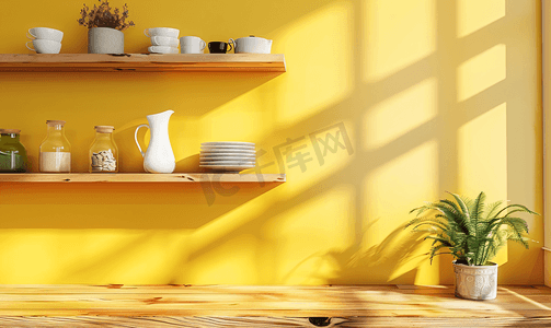 样机墙摄影照片_厨房内部厨房位于木架和黄色墙壁上