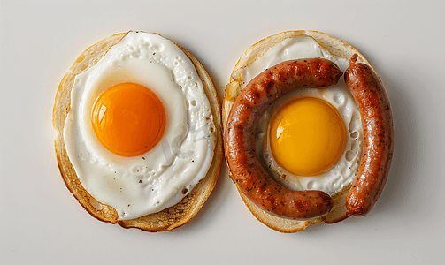煎鸡蛋和煮香肠的顶视图分离
