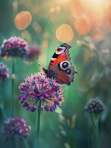 孔雀眼蝴蝶坐在绿色背景的葱花上