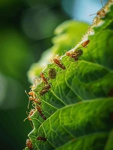 棕色蚂蚁在绿叶上吃蚜虫幼虫
