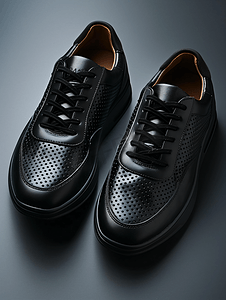 材料商店摄影照片_运动鞋采用黑色穿孔皮革制成颜色为深色
