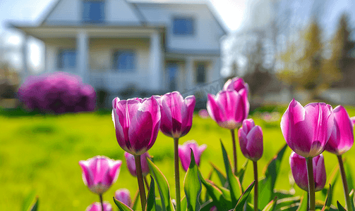 草坪和明亮的白色房子前的一群紫色郁金香